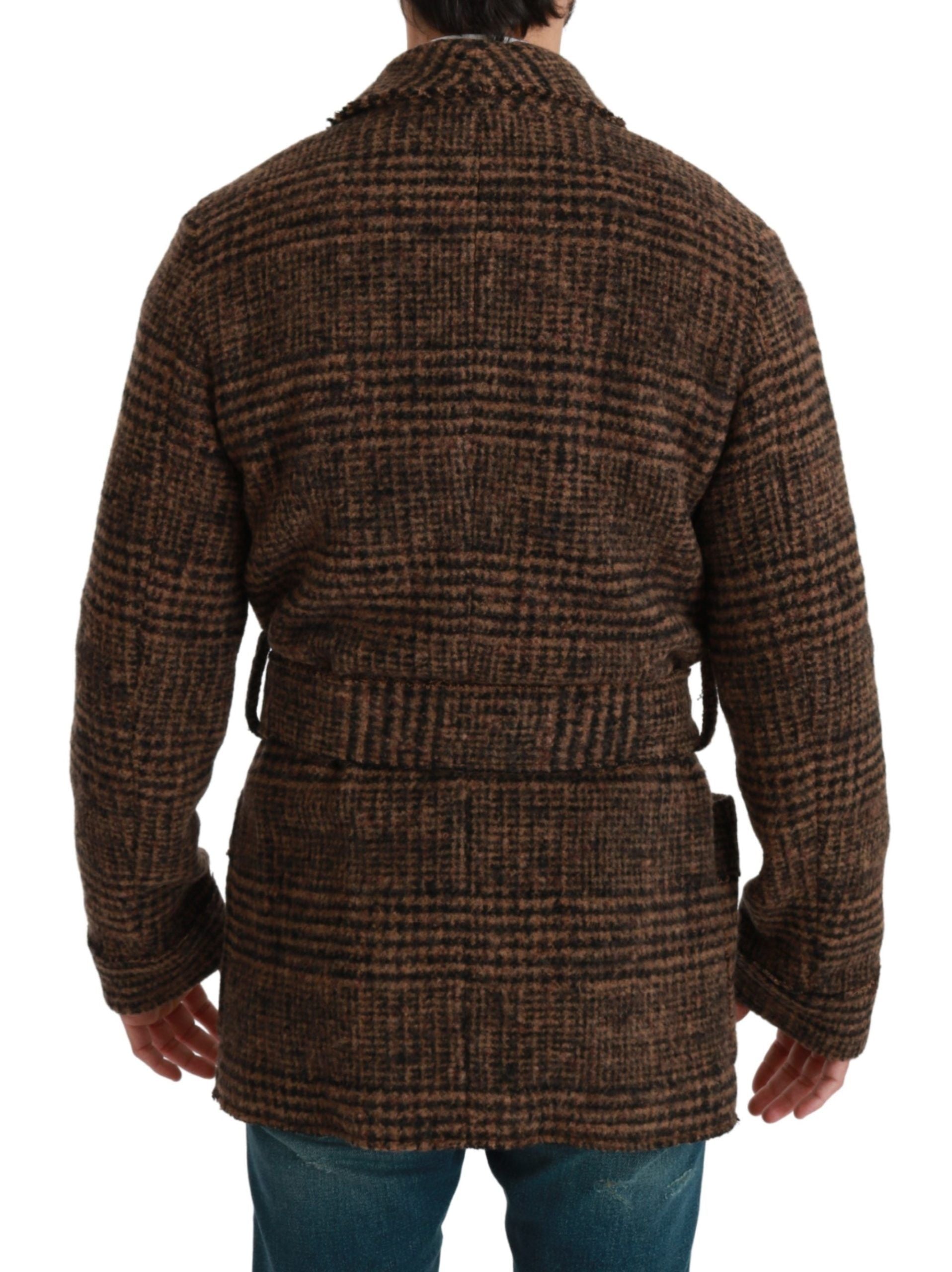 Dolce & Gabbana Brown Checkered Wool Robe Coat Wrap Jacket