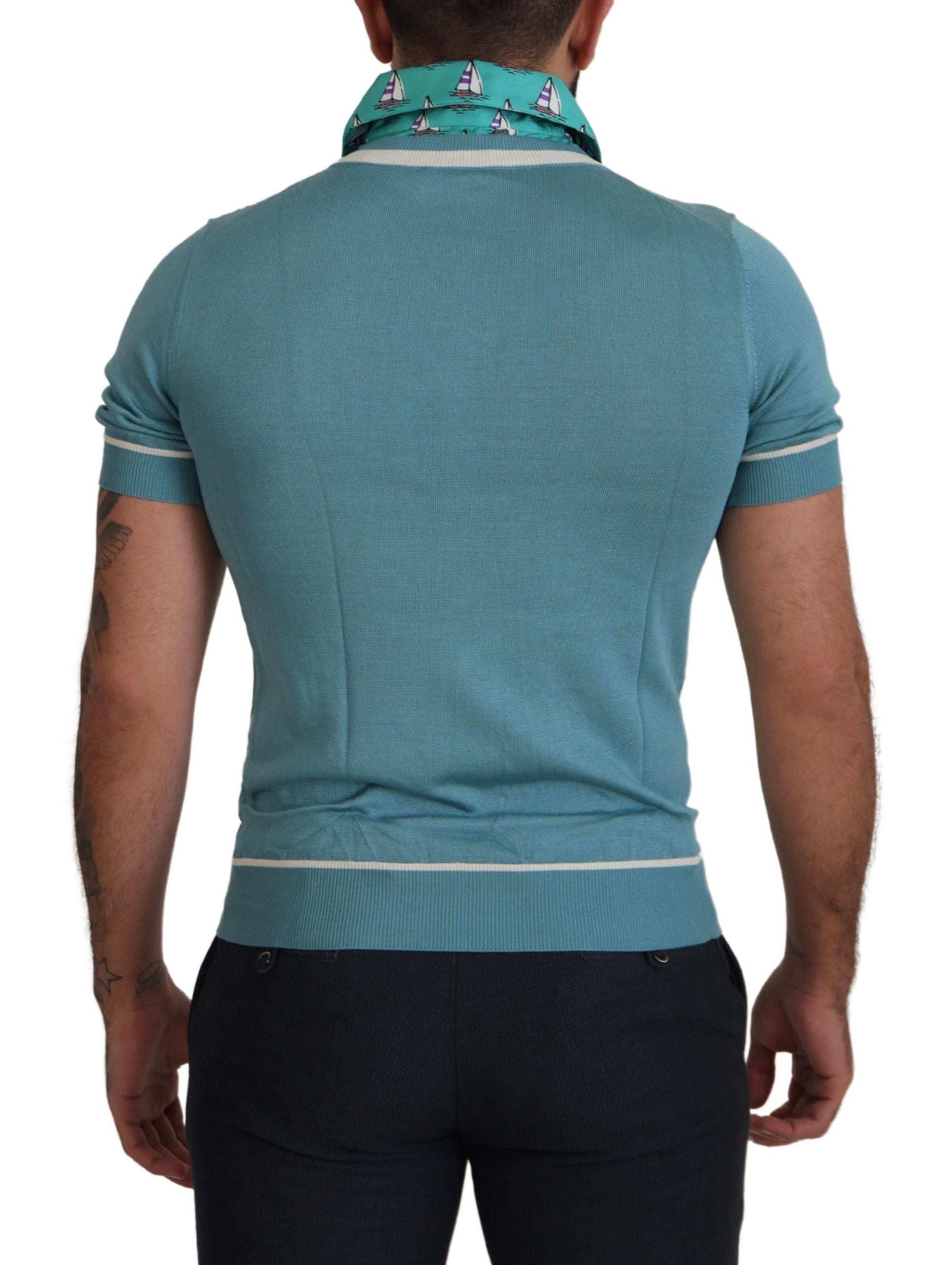 Dolce & Gabbana Blue Silk Polo Top Mens V-neck T-shirt