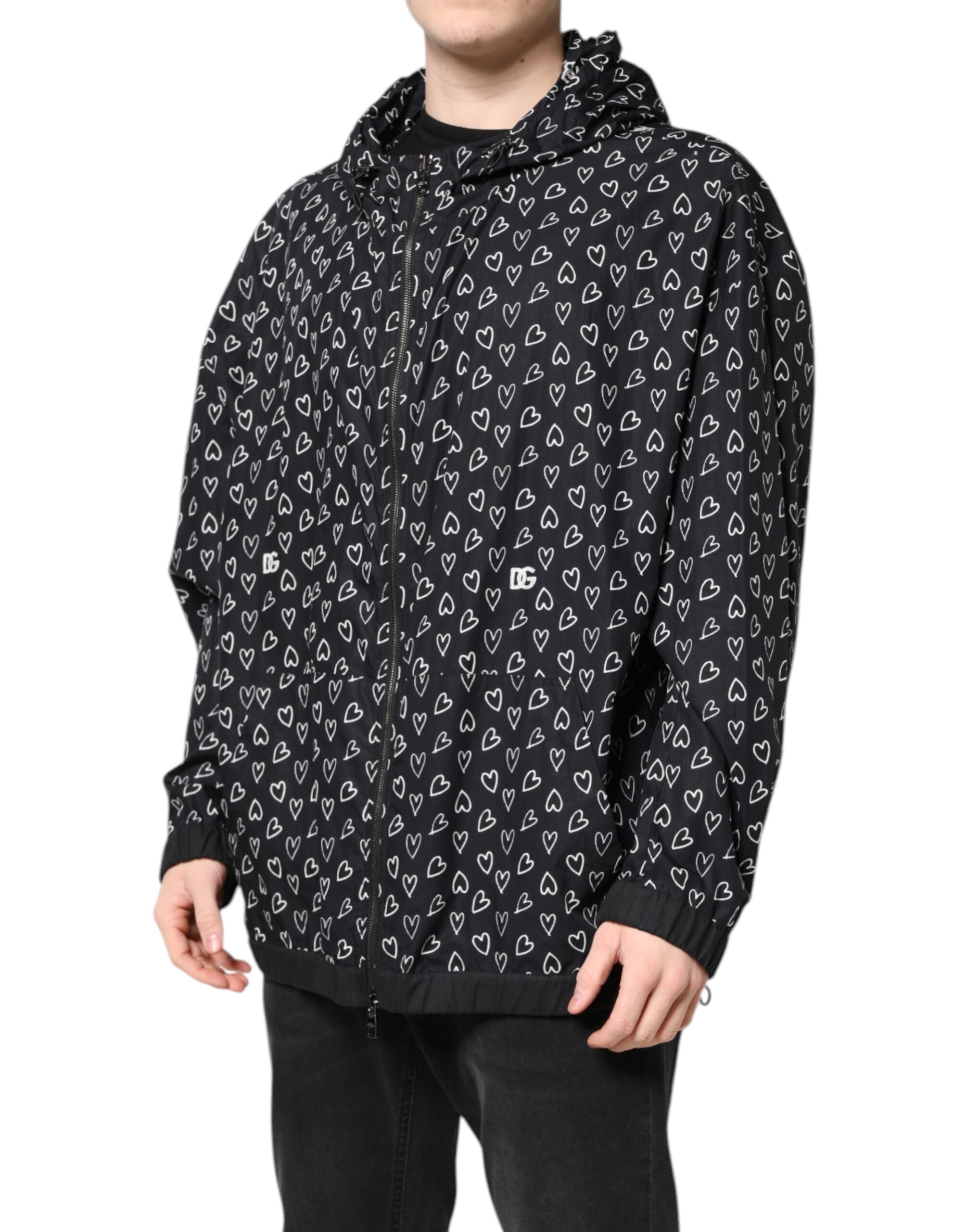 Dolce & Gabbana Black Heart Print Hooded Windbreaker Jacket