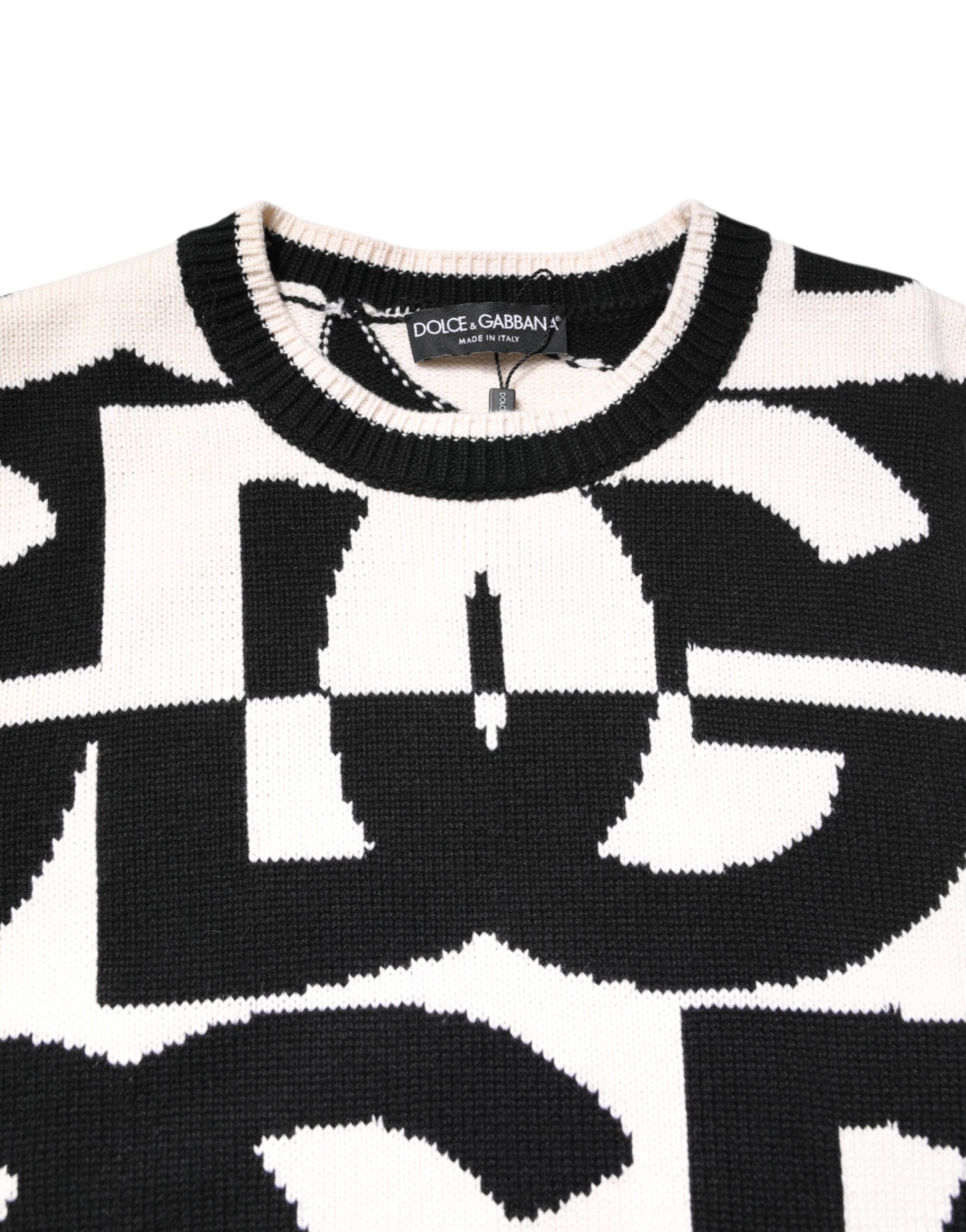 Dolce & Gabbana Black White Knit Logo Print Pullover Sweater