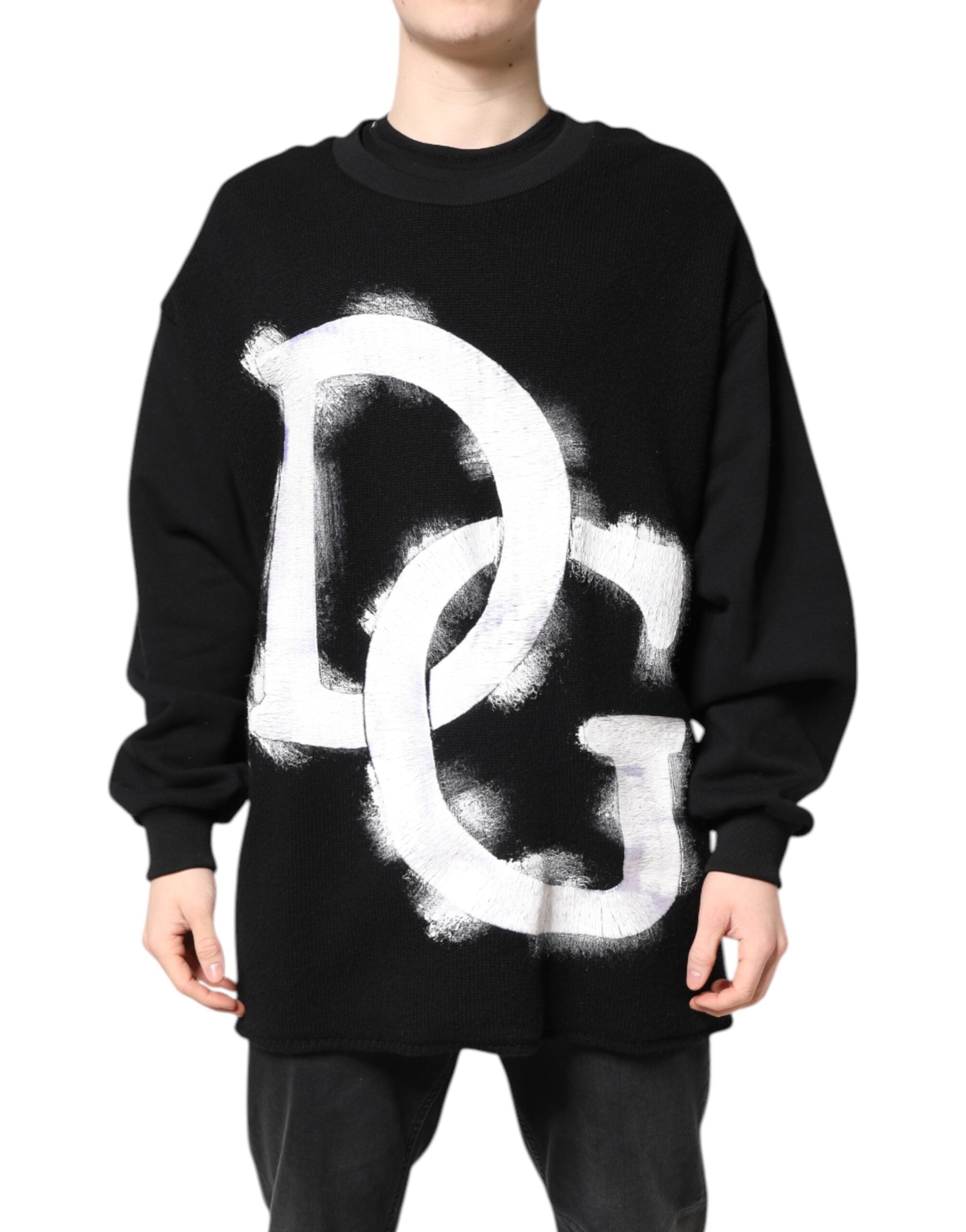 Dolce & Gabbana Black Cotton Logo Print Men Pullover Sweater
