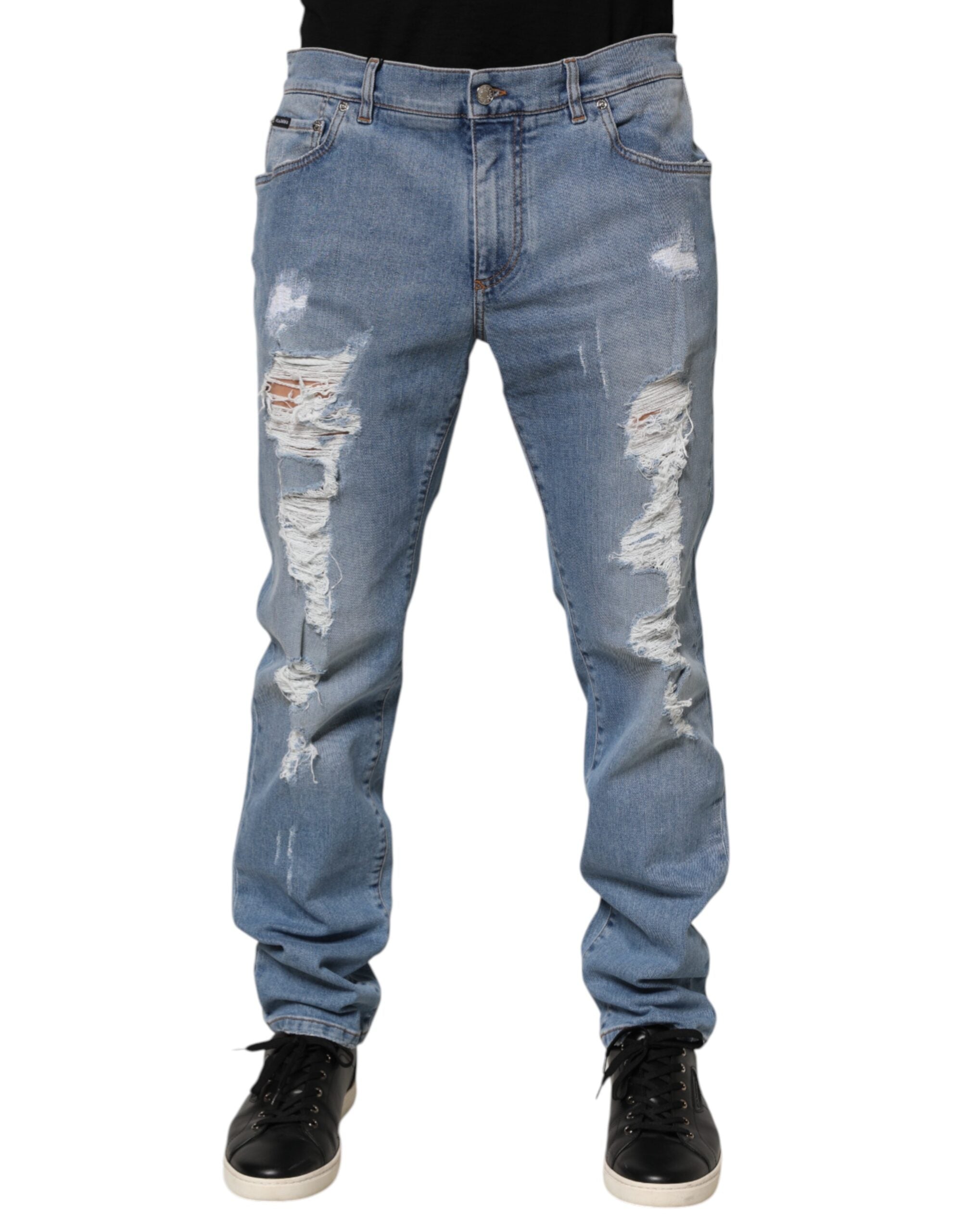 Dolce & Gabbana Blue Tattered Slim Fit Cotton Denim Jeans