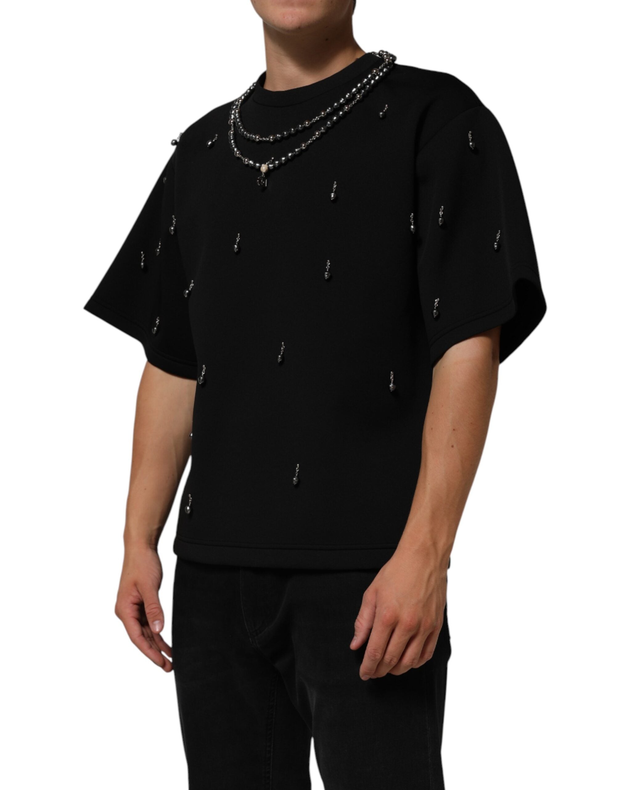 Dolce & Gabbana Black Polyester Necklace Embellished T-shirt