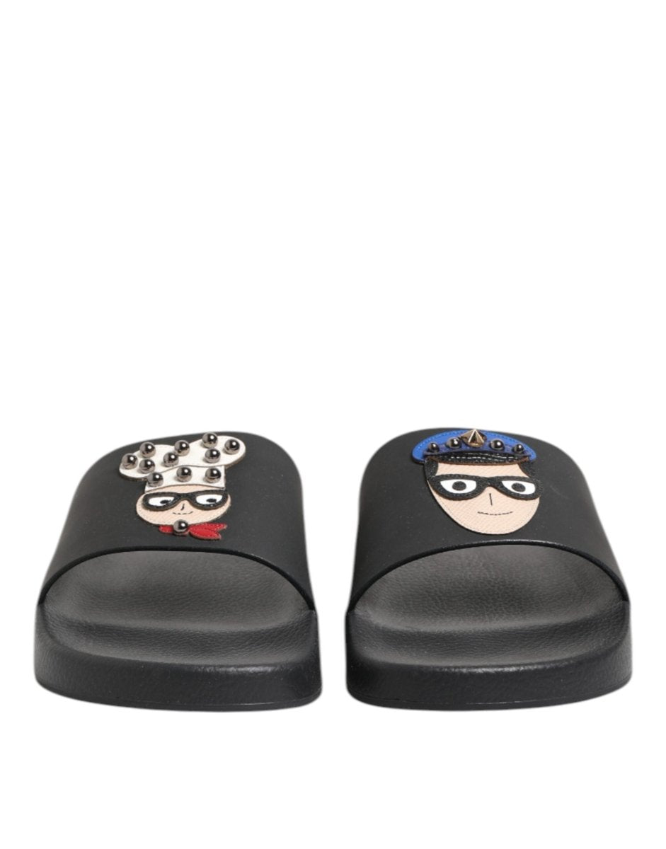 Dolce & Gabbana Black Leather Slides Flats Beachwear Shoes - The Gentlemen's Vault