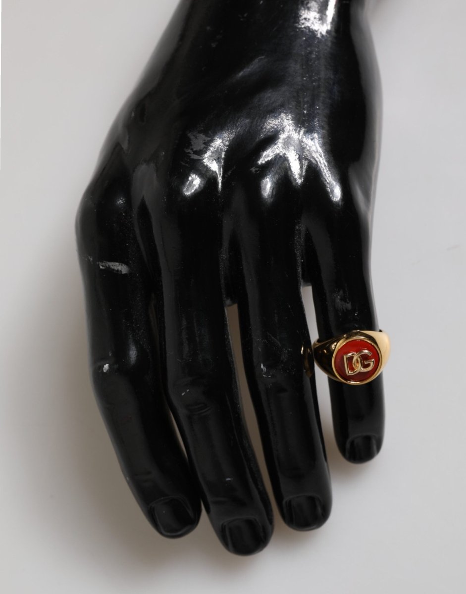 Dolce & Gabbana Gold Tone Real Brass Red DG Logo Men Ring - The Gentlemen's Vault