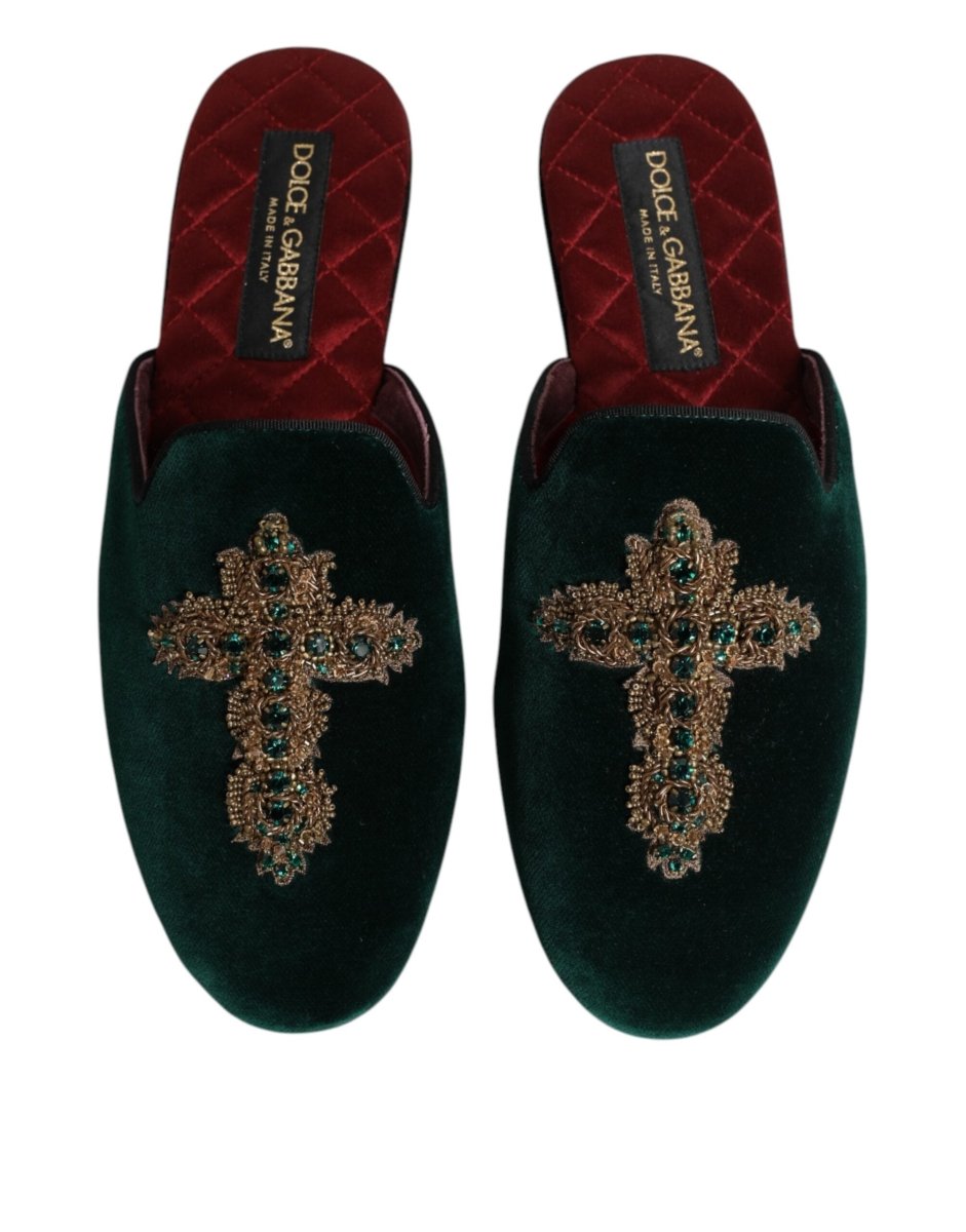 Dolce & Gabbana Green Velvet Cross Embellished Slippers Shoes - The Gentlemen's Vault
