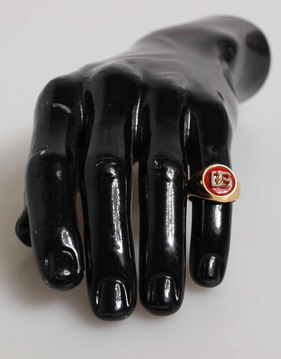 Dolce & Gabbana Gold Tone Real Brass Red DG Logo Men Ring - The Gentlemen's Vault