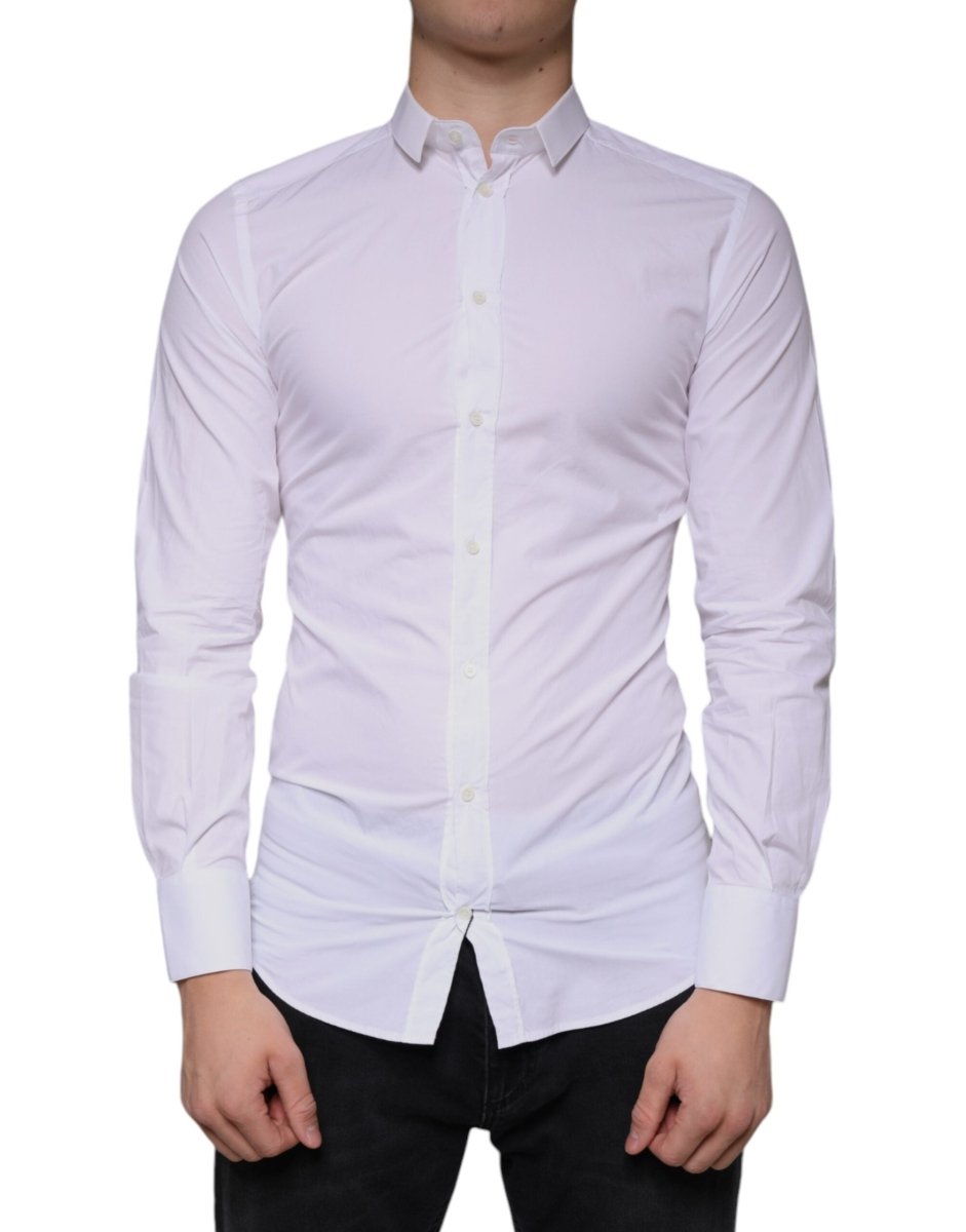 Dolce & Gabbana White Cotton Dress GOLD Formal Collared Shirt - The Gentlemen's Vault