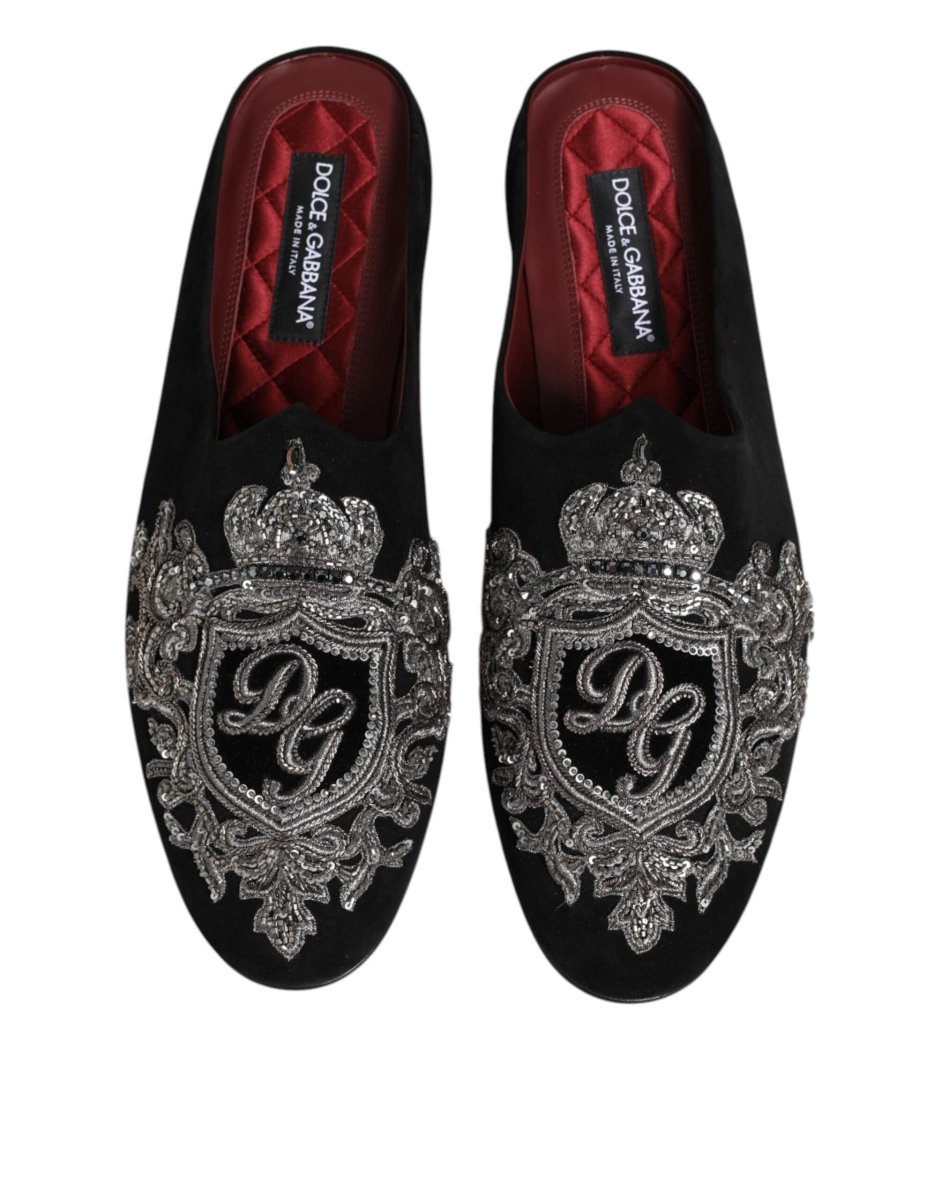 Dolce & Gabbana Black Velvet Slides DG Crown Slipper Shoes - The Gentlemen's Vault