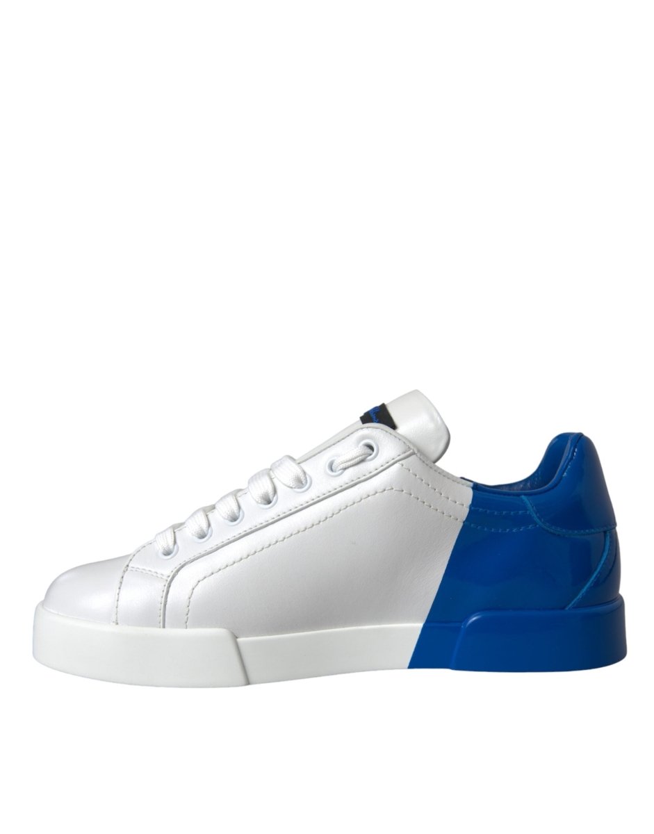 Dolce & Gabbana White Blue Leather Logo Low Top Sneakers Shoes - The Gentlemen's Vault