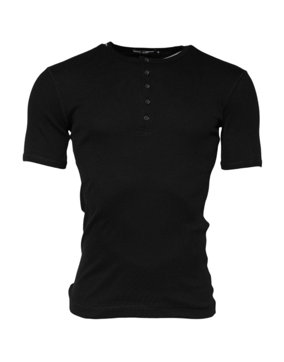 Dolce & Gabbana Black Cotton Knit Crew Neck Henley T-shirt - The Gentlemen's Vault
