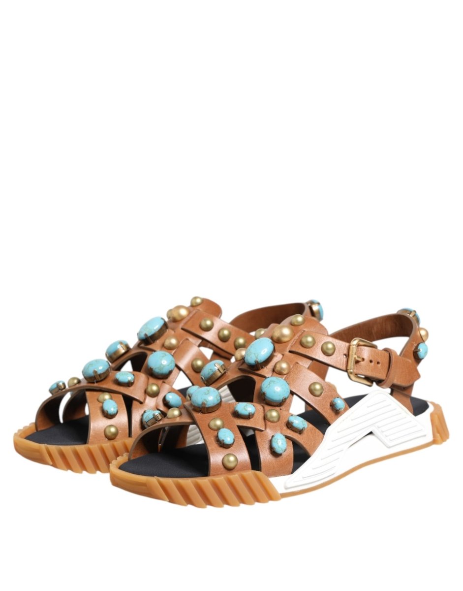 Dolce & Gabbana Brown Leather Studded Slides Sandals Shoes - The Gentlemen's Vault