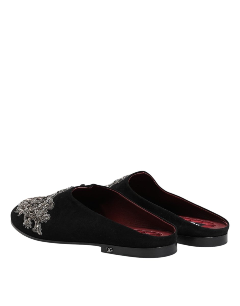 Dolce & Gabbana Black Velvet Slides DG Crown Slipper Shoes - The Gentlemen's Vault