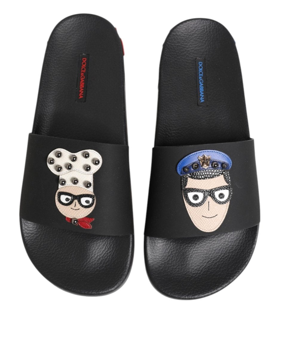 Dolce & Gabbana Black Leather Slides Flats Beachwear Shoes - The Gentlemen's Vault