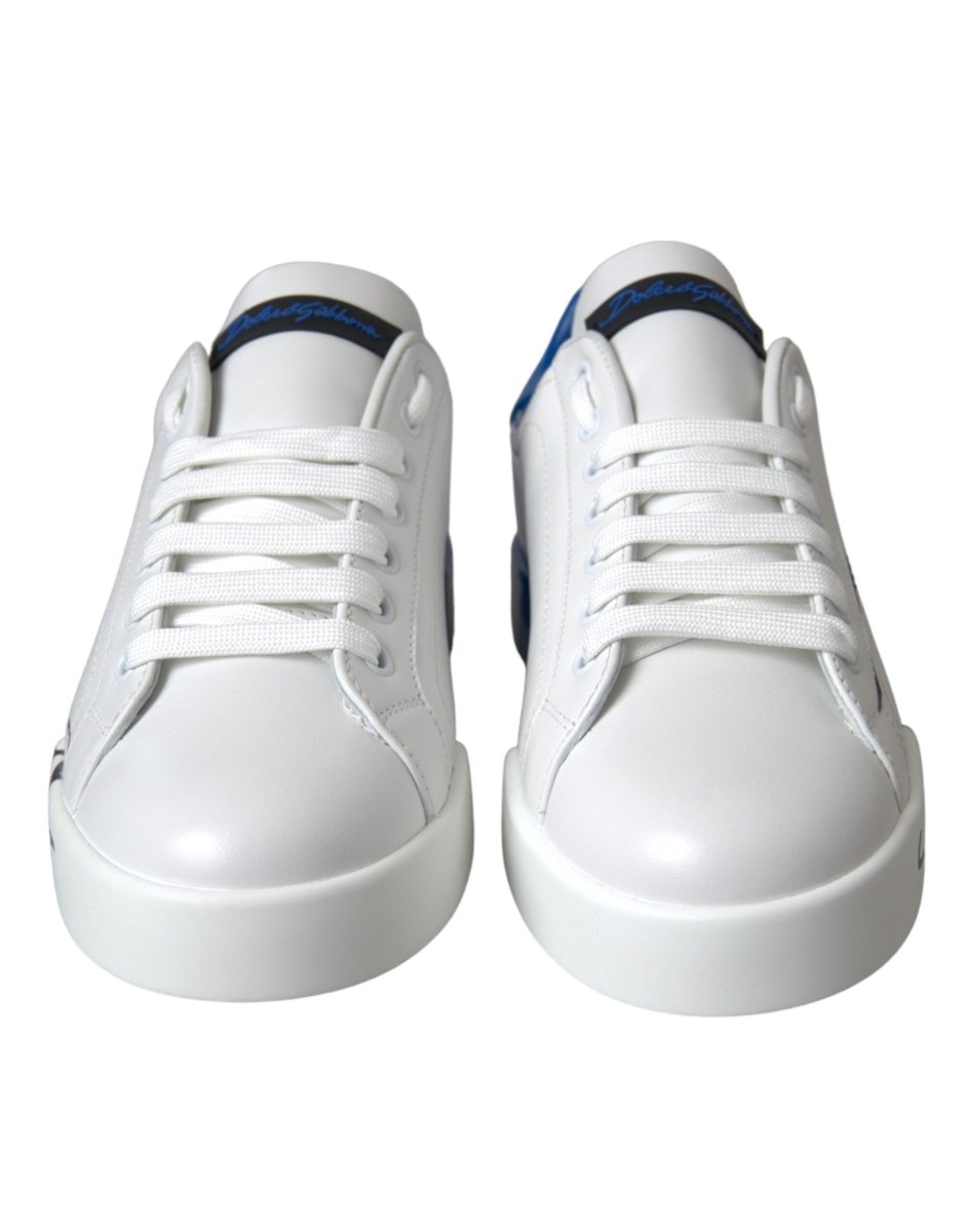 Dolce & Gabbana White Blue Leather Logo Low Top Sneakers Shoes - The Gentlemen's Vault
