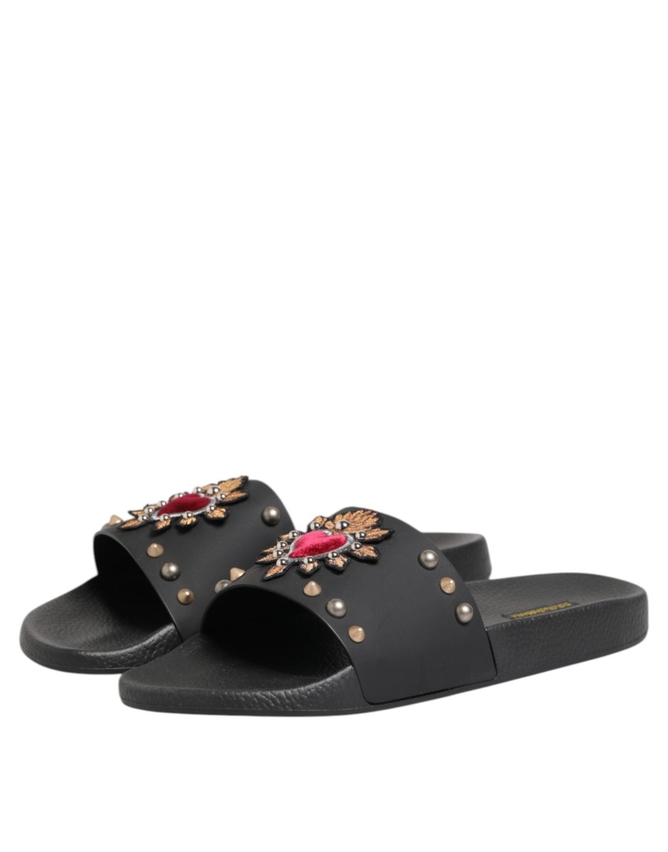 Dolce & Gabbana Black Rubber Sacred Heart Slides Men Beachwear Shoes - The Gentlemen's Vault
