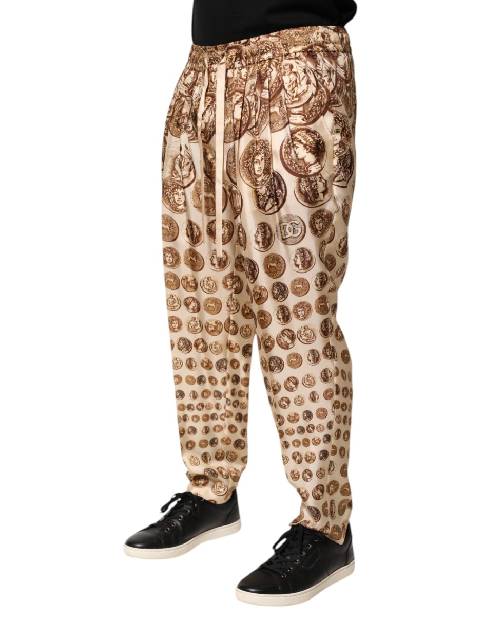 Dolce & Gabbana Beige Coin Print Silk Twill Men Jogger Pants - The Gentlemen's Vault