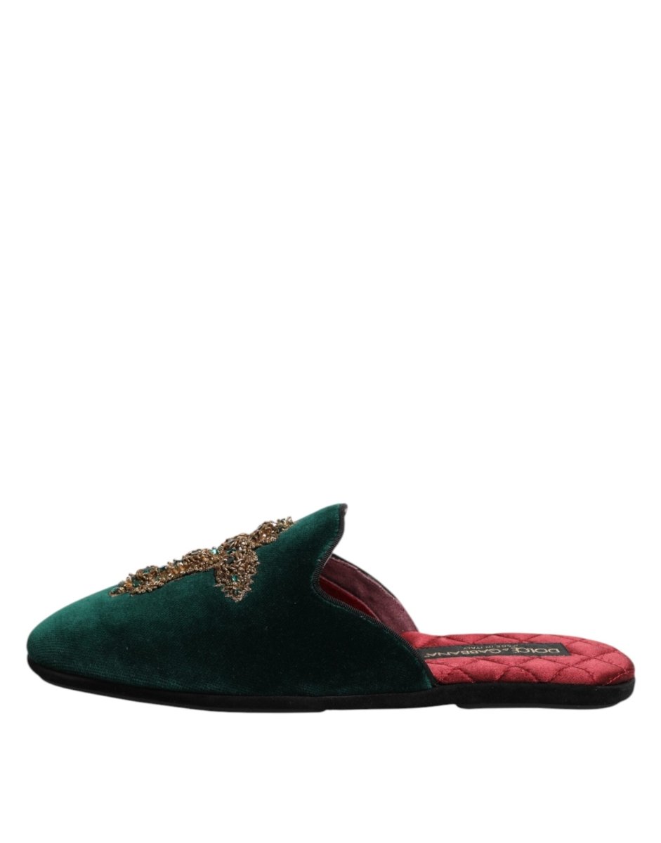 Dolce & Gabbana Green Velvet Cross Embellished Slippers Shoes - The Gentlemen's Vault