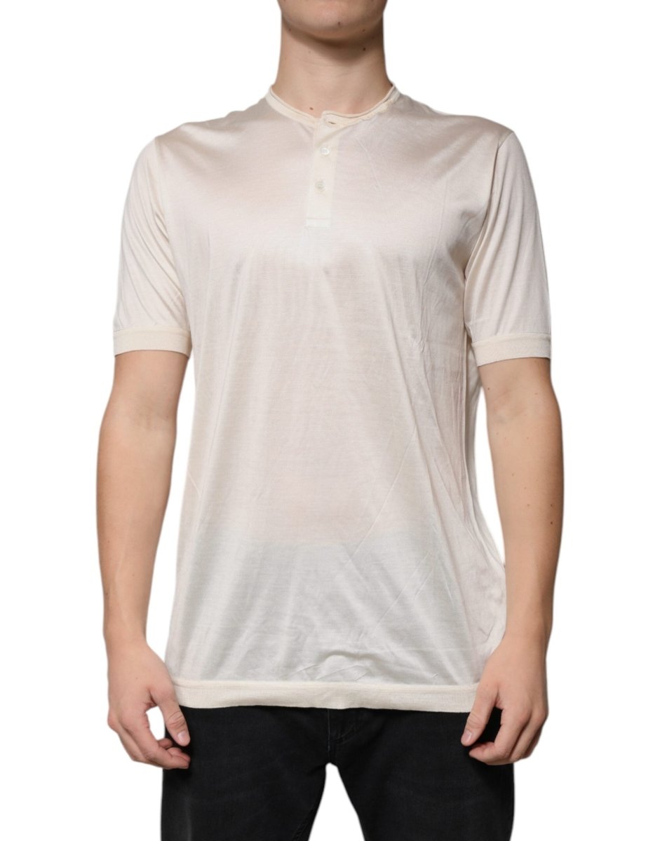 Dolce & Gabbana Off White Silk Henley Short Sleeves T-Shirt - The Gentlemen's Vault