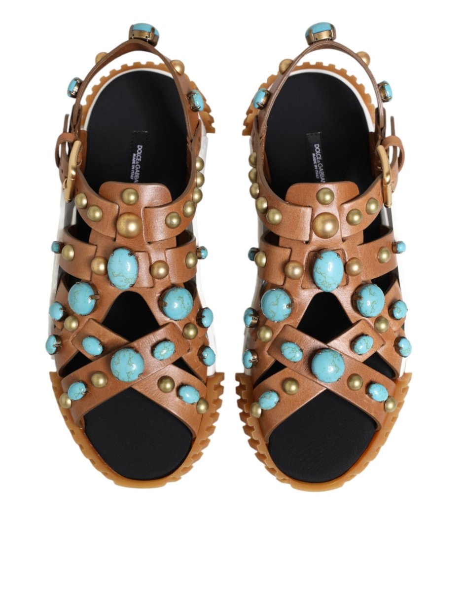 Dolce & Gabbana Brown Leather Studded Slides Sandals Shoes - The Gentlemen's Vault