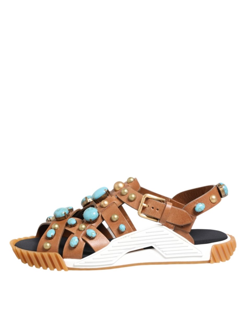Dolce & Gabbana Brown Leather Studded Slides Sandals Shoes - The Gentlemen's Vault