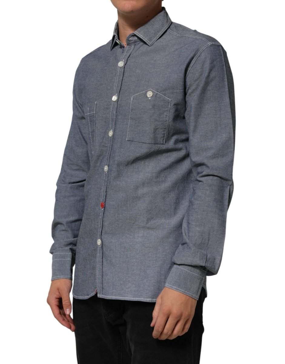 AGLINI Blue Denim Regular Fit Collared Long Sleeve Casual Shirt - The Gentlemen's Vault