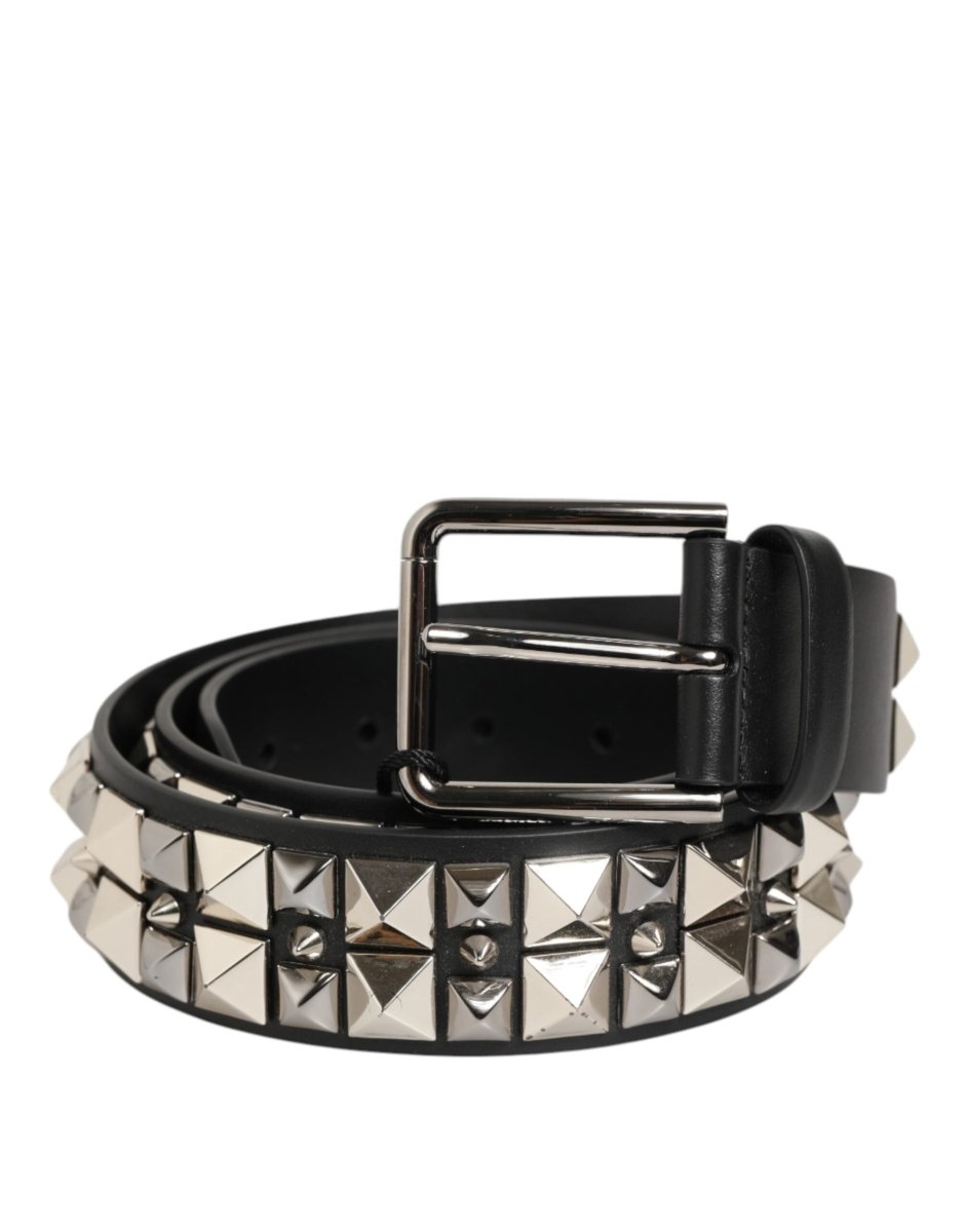 Dolce & Gabbana Black Calf Leather Studded Silver Buckle Belt - The Gentlemen's Vault