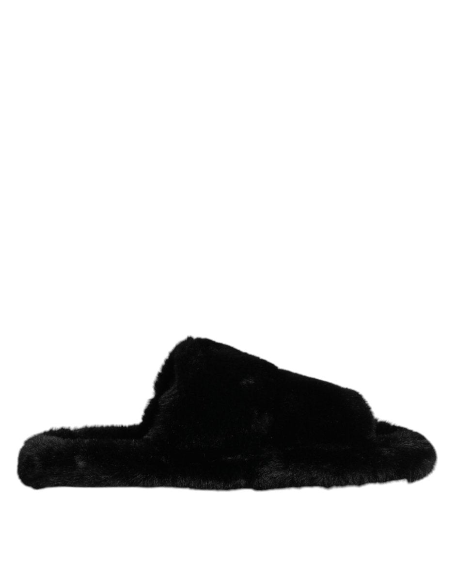 Dolce & Gabbana Black Faux Fur Flats Men Sandals Shoes - The Gentlemen's Vault