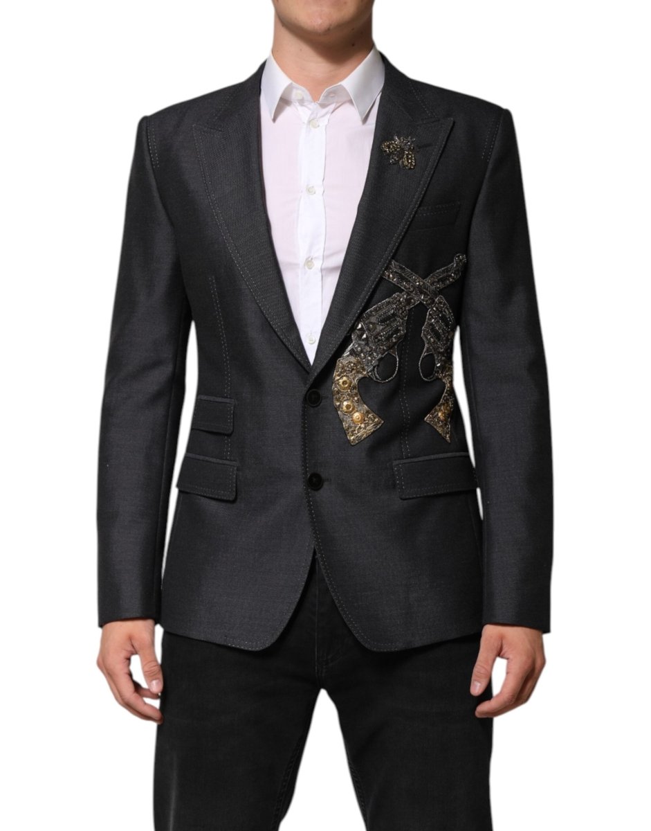 Dolce & Gabbana Dark Gray Bee Embroidery Wool Coat Blazer - The Gentlemen's Vault