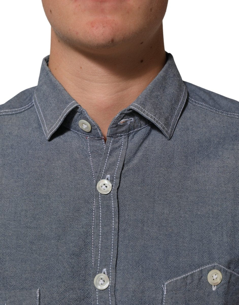 AGLINI Blue Denim Regular Fit Collared Long Sleeve Casual Shirt - The Gentlemen's Vault