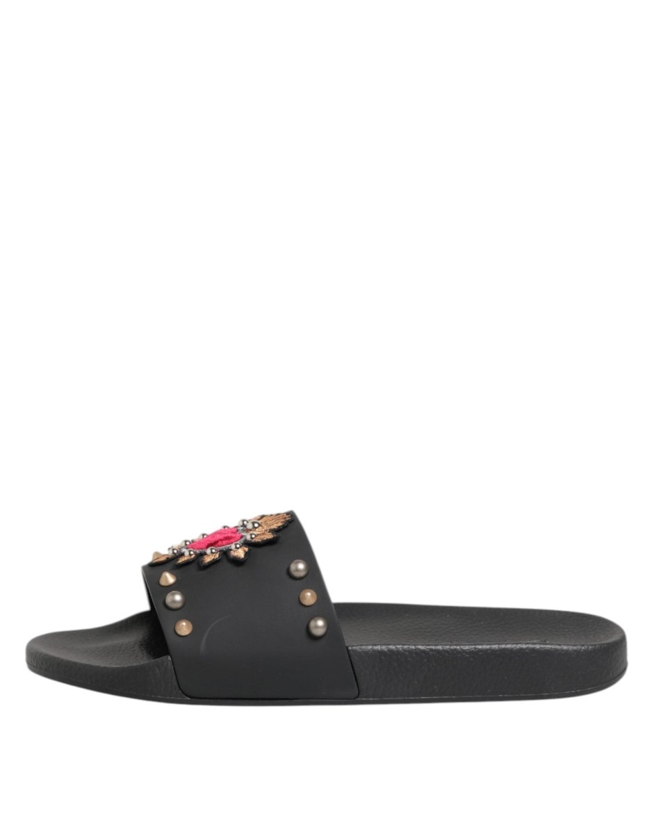 Dolce & Gabbana Black Rubber Sacred Heart Slides Men Beachwear Shoes - The Gentlemen's Vault