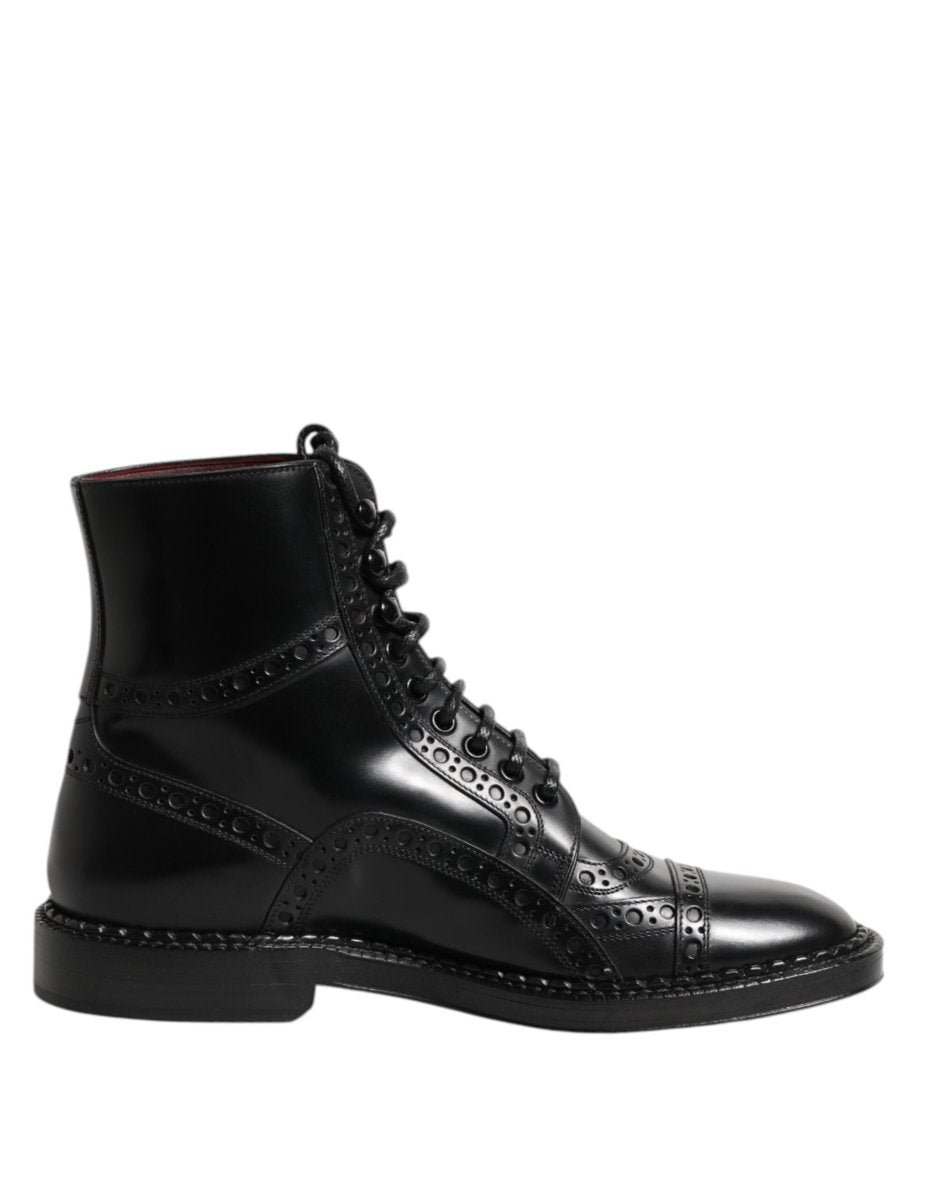 Dolce & Gabbana Black Leather Lace Up Mid Calf Boots Shoes - The Gentlemen's Vault