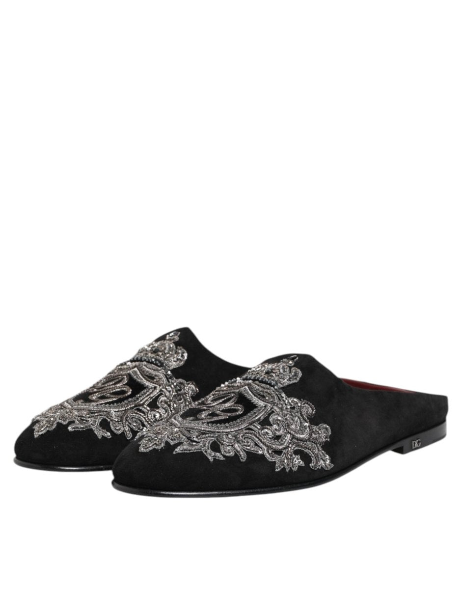 Dolce & Gabbana Black Velvet Slides DG Crown Slipper Shoes - The Gentlemen's Vault