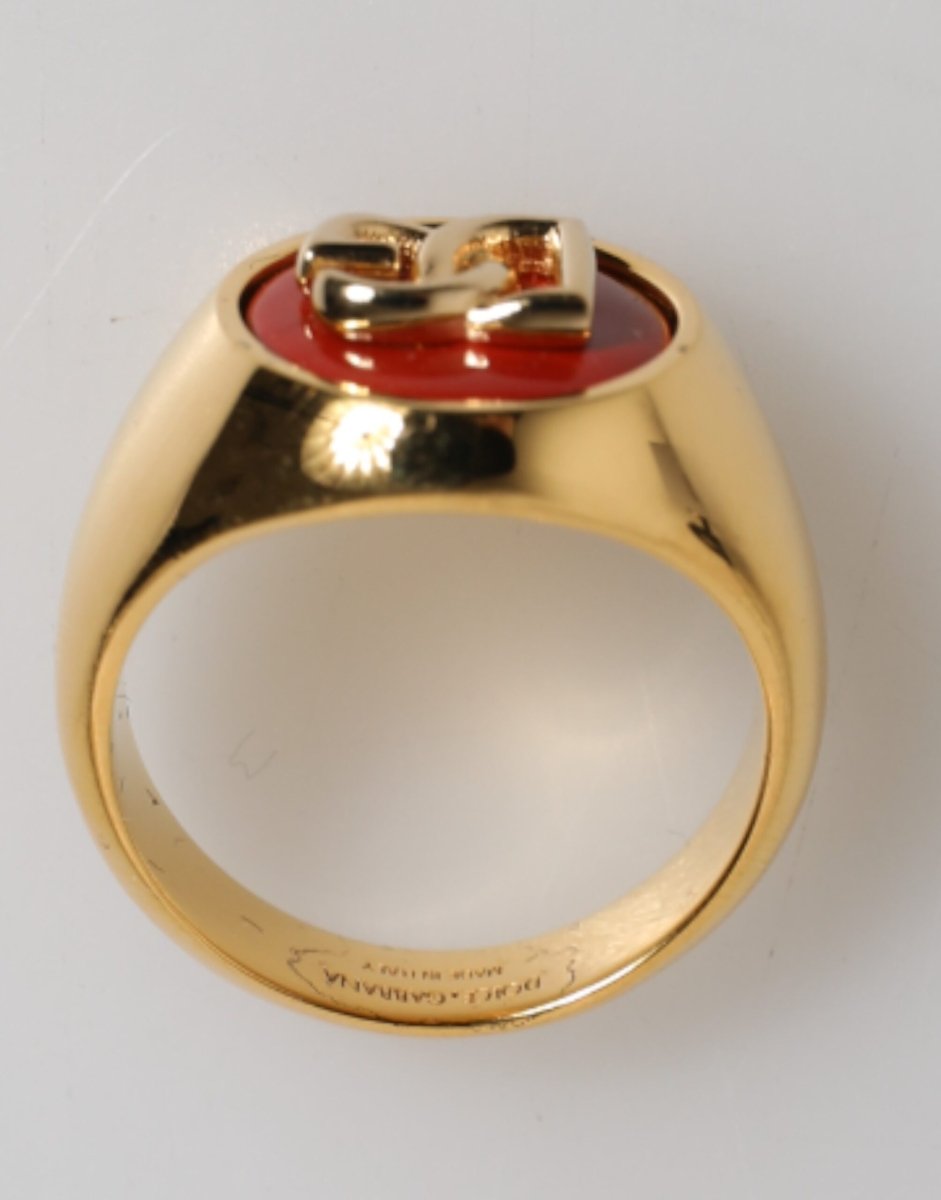 Dolce & Gabbana Gold Tone Real Brass Red DG Logo Men Ring - The Gentlemen's Vault