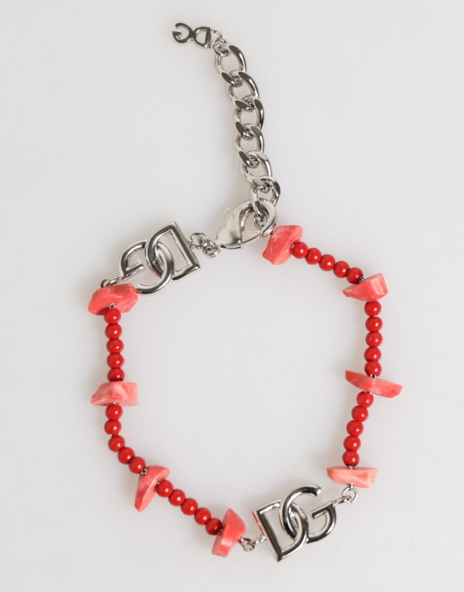 Dolce & Gabbana Silver Tone Brass Beaded Resin DG Logo Chain Men Bracelet - The Gentlemen's Vault
