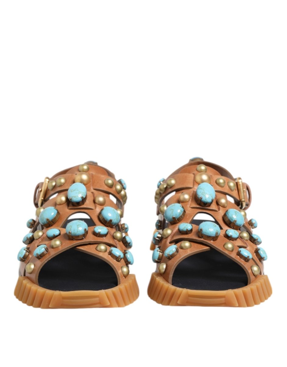 Dolce & Gabbana Brown Leather Studded Slides Sandals Shoes - The Gentlemen's Vault