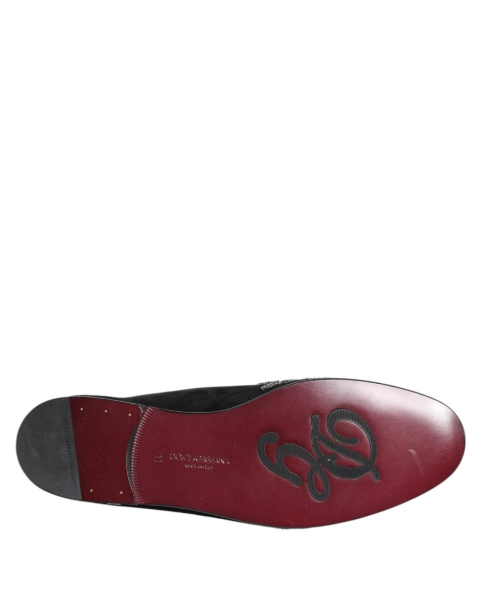 Dolce & Gabbana Black Velvet Slides DG Crown Slipper Shoes - The Gentlemen's Vault