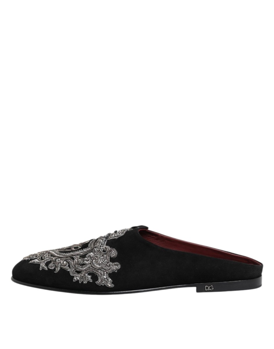 Dolce & Gabbana Black Velvet Slides DG Crown Slipper Shoes - The Gentlemen's Vault