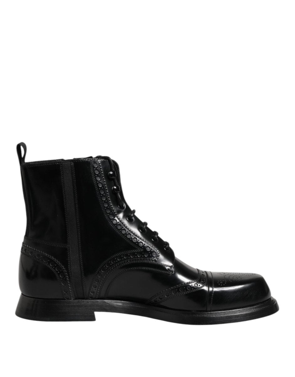 Dolce & Gabbana Black Leather Lace Up Mid Calf Boots Shoes - The Gentlemen's Vault
