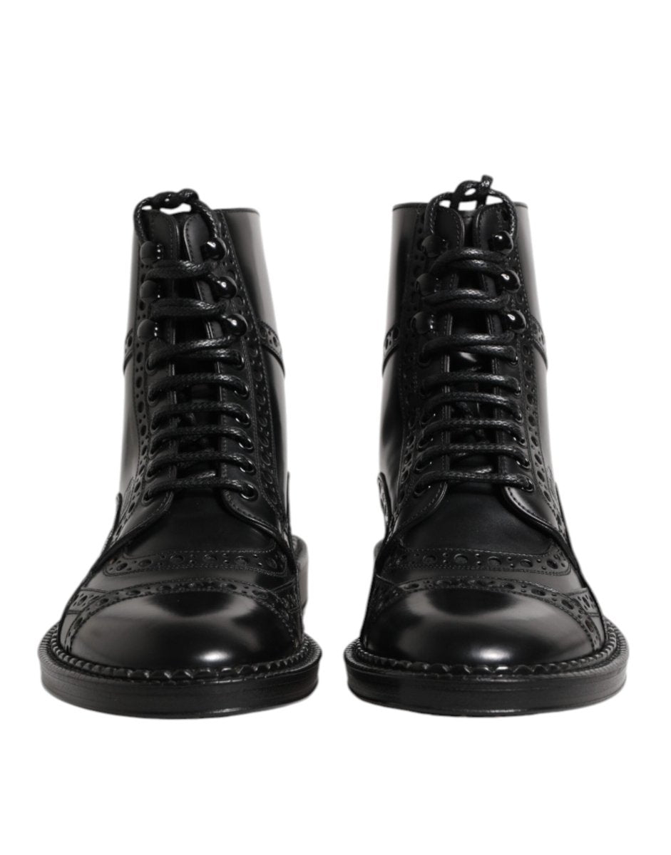 Dolce & Gabbana Black Leather Lace Up Mid Calf Boots Shoes - The Gentlemen's Vault