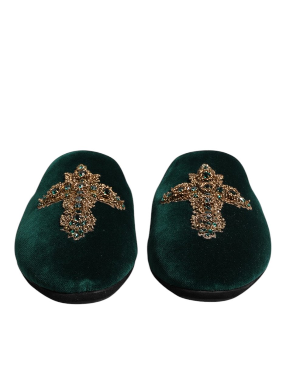 Dolce & Gabbana Green Velvet Cross Embellished Slippers Shoes - The Gentlemen's Vault