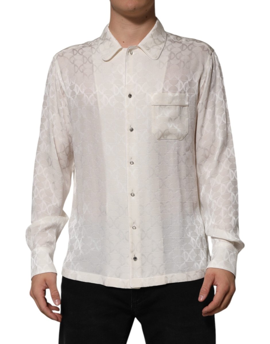 Dolce & Gabbana White Silk DG Logo Print Long Sleeves Shirt - The Gentlemen's Vault
