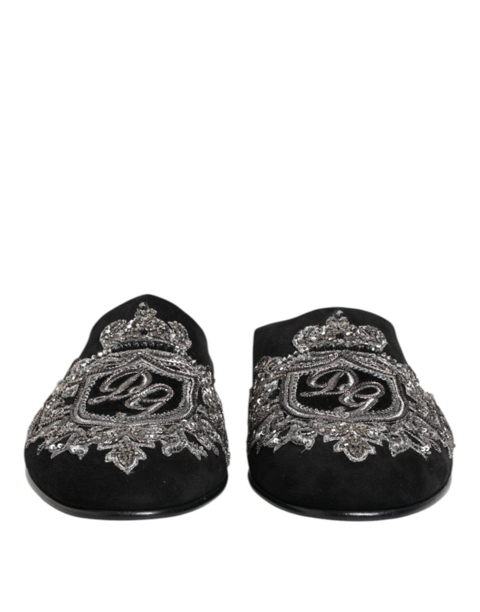 Dolce & Gabbana Black Velvet Slides DG Crown Slipper Shoes - The Gentlemen's Vault