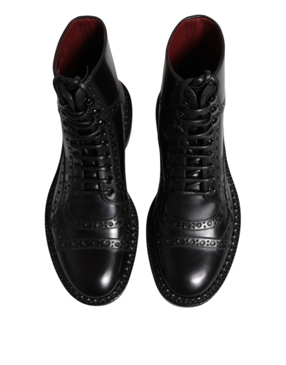 Dolce & Gabbana Black Leather Lace Up Mid Calf Boots Shoes - The Gentlemen's Vault