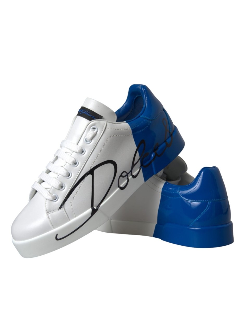 Dolce & Gabbana White Blue Leather Logo Low Top Sneakers Shoes - The Gentlemen's Vault