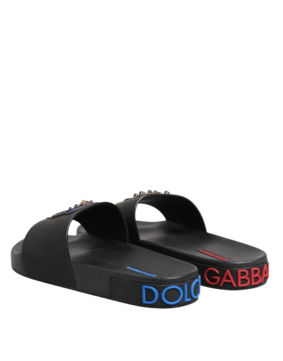Dolce & Gabbana Black Leather Slides Flats Beachwear Shoes - The Gentlemen's Vault