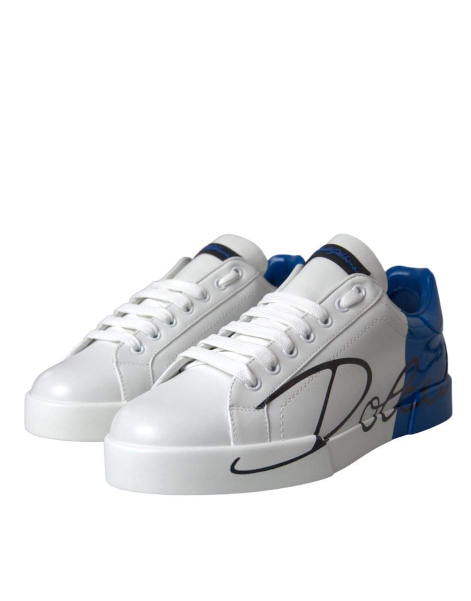 Dolce & Gabbana White Blue Leather Logo Low Top Sneakers Shoes - The Gentlemen's Vault