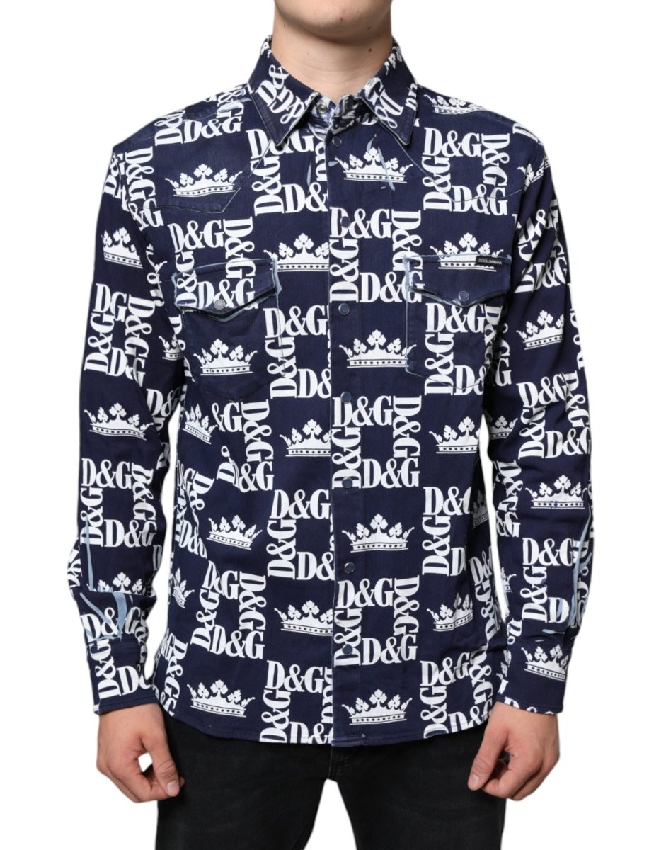 Dolce & Gabbana Blue Crown Logo Print Slim Fit Cotton Shirt - The Gentlemen's Vault