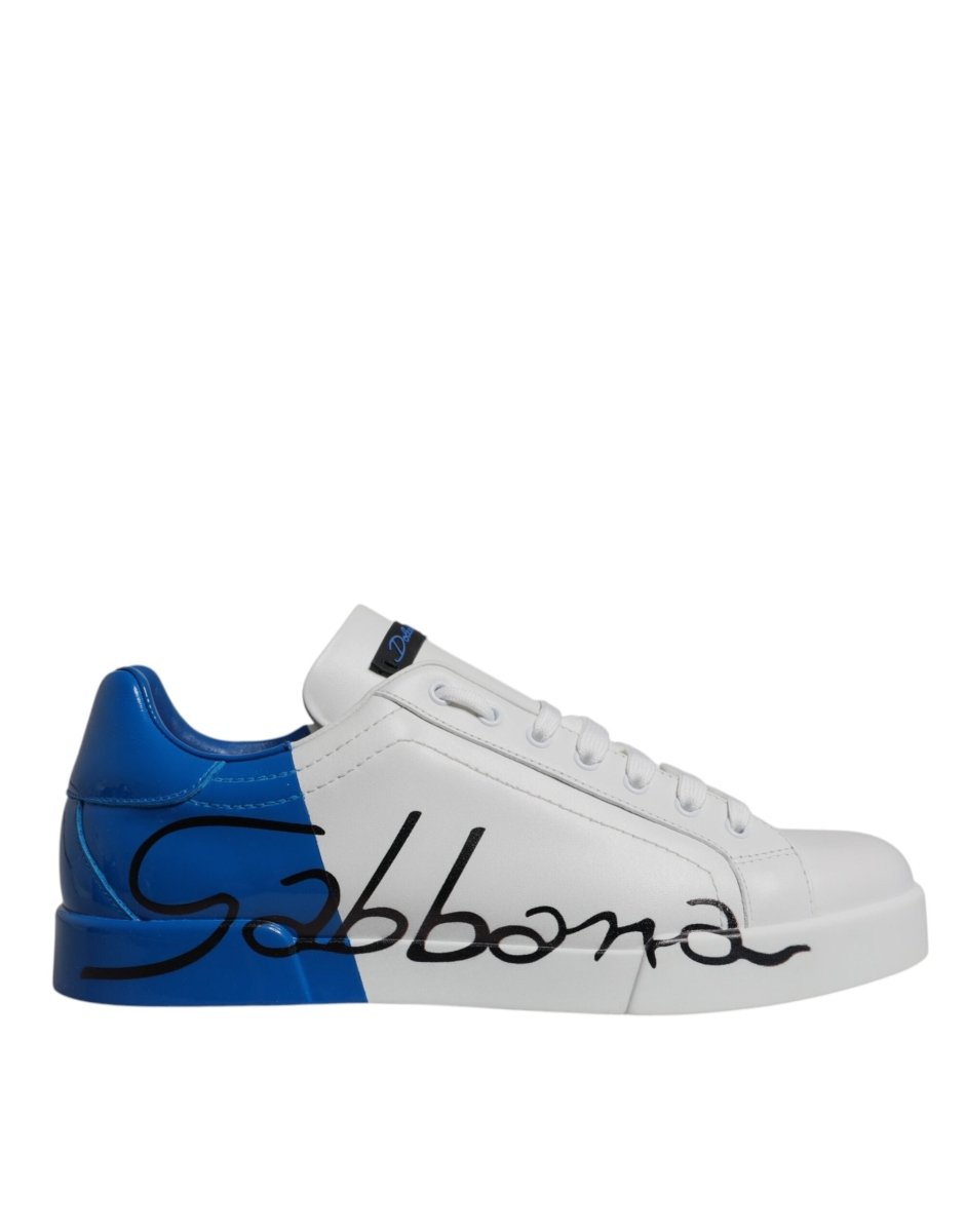 Dolce & Gabbana White Blue Leather Logo Low Top Sneakers Shoes - The Gentlemen's Vault