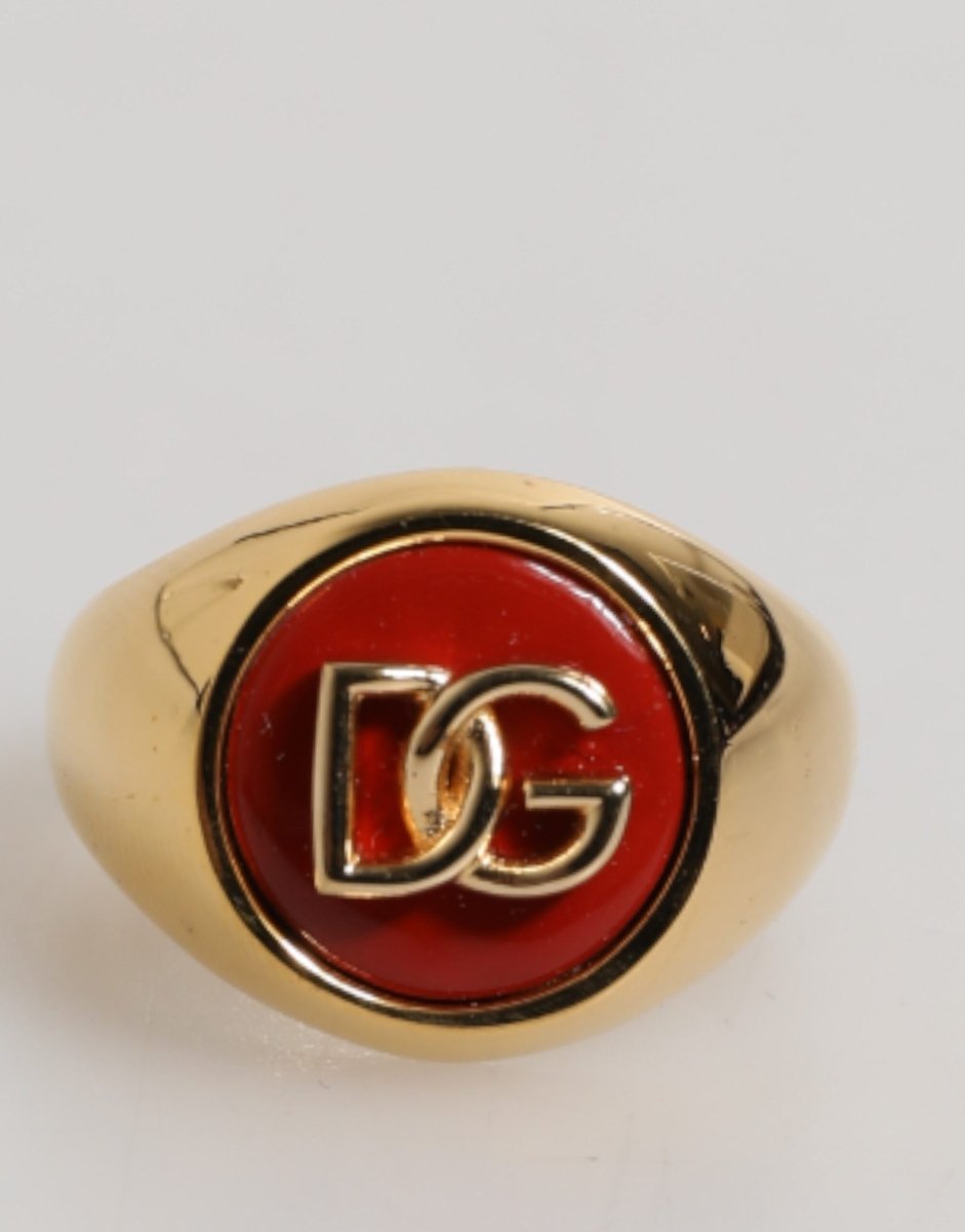 Dolce & Gabbana Gold Tone Real Brass Red DG Logo Men Ring - The Gentlemen's Vault